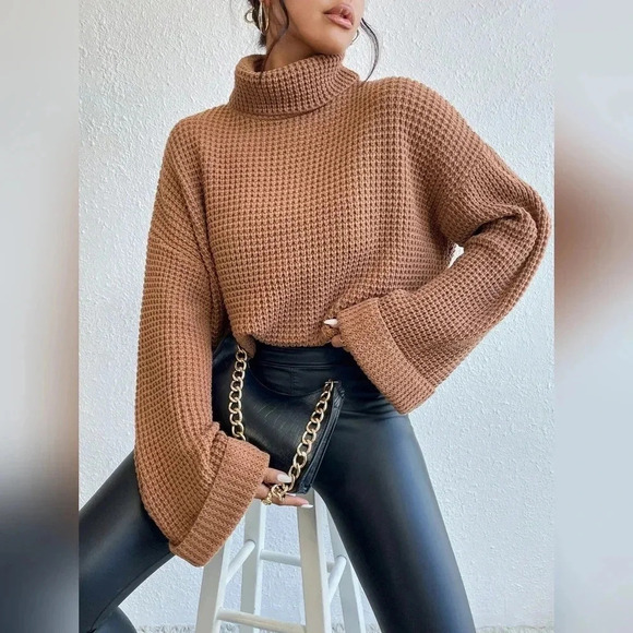 Turtleneck Drop Shoulder Waffle Knit Sweater - Picture 3 of 3